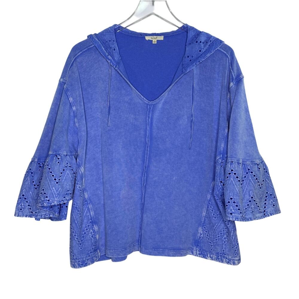 Easel Washed Periwinkle Hooded Top S Eyelet Lace Bell Sleeves Boho Comfort Boxy